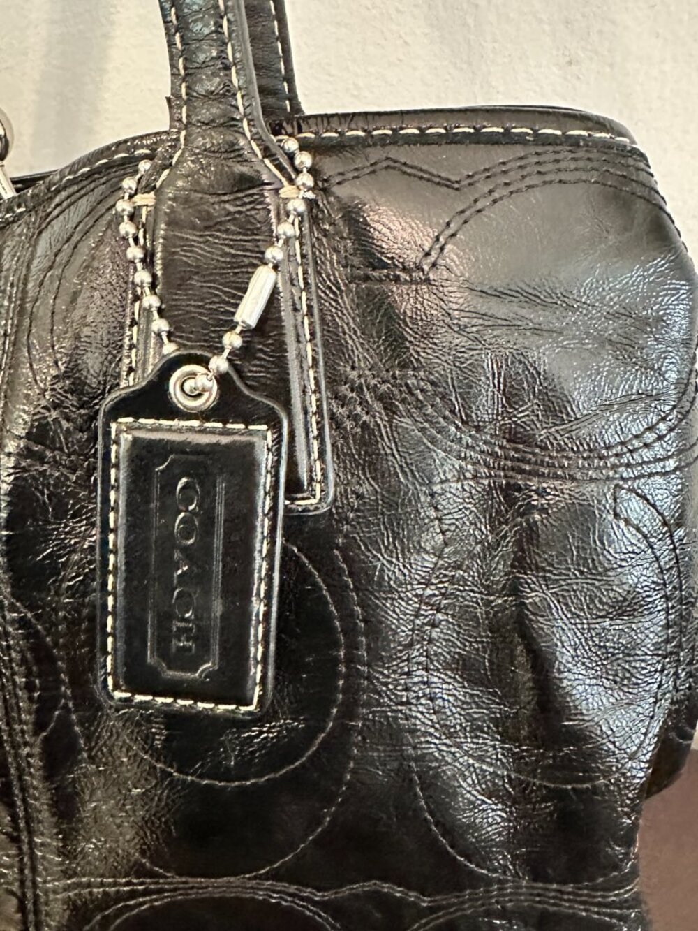 COACH Black Signature Patent Leather F15658 Stitch Carryall Handbag W/Kisslock - Picture 3 of 16